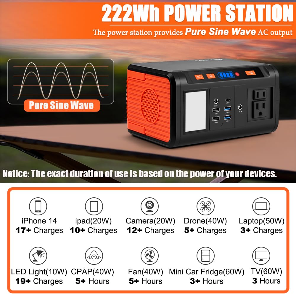 Takki Solar Generator 250W Portable Power Station with 40W Solar Panels 222Wh Pure Sine Wave Camping Lithium Battery Power Pack with AC 110V Outlet for Camping CPAP Home Use Emergency Outdoor