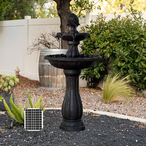 XBrand 44" 2-Tier Solar Water Fountain, Fiberglass/Resin Outdoor Fountain with Solar Panel & Auto Shut-Off Pump, Dark Brown