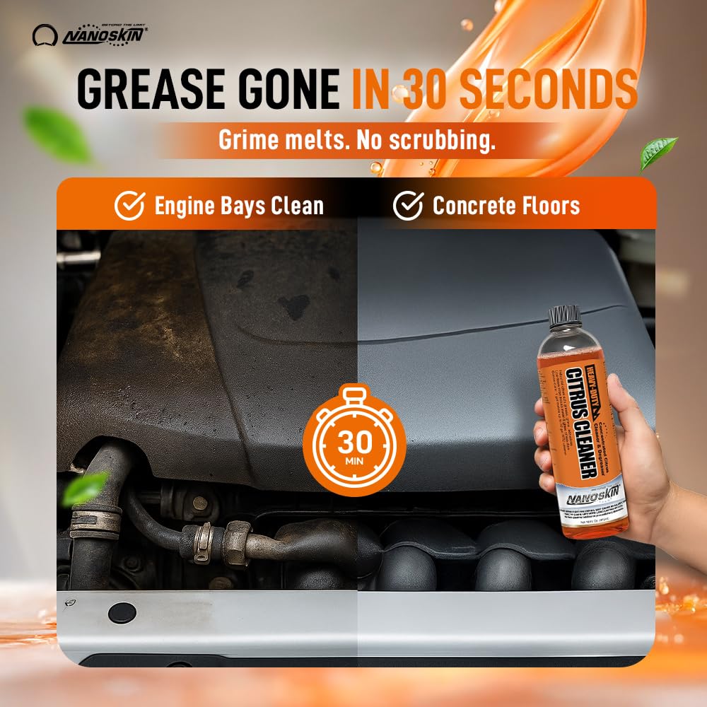 Nanoskin Heavy-Duty Citrus Cleaner & Degreaser Concentrate 5 Gallon, Low-Foam Solvent, Dilutes up to 1:32, Cuts Grease Tar Adhesives, Safe on Metal Concrete Engines, For Auto Detailing, Shop & Home