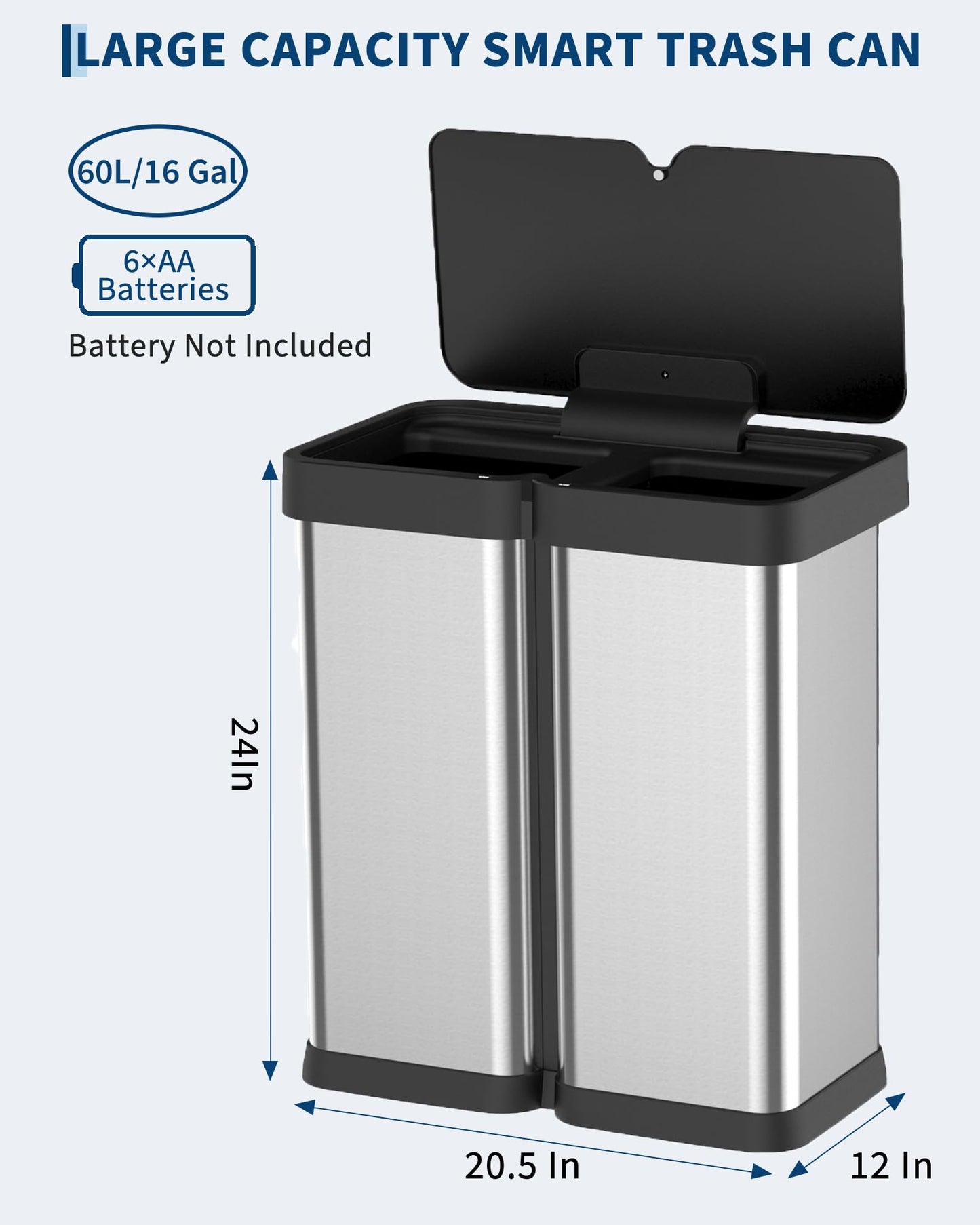 GAOMON 30L+30L Dual Compartment Motion Sensor Trash Can, 16Gal Automatic Kitchen Recycling Bin with Soft-Close Lid & Fingerproof Stainless Steel (Silver)