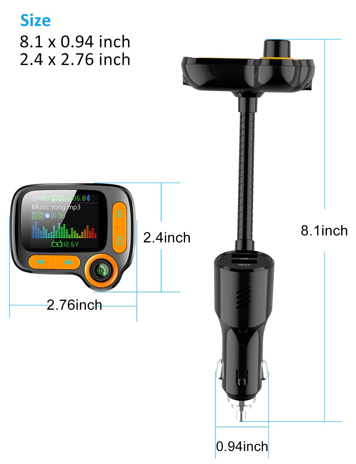 TSNAM Bluetooth FM Transmitter Car Adapter,Support Wireless Handsfree Call and MP3 Music/APP Audio Play,1.8" Color Screen,3 USB Charger,3.5mm AUX Port,Compatible with iPhone,iPad,Samsung and More