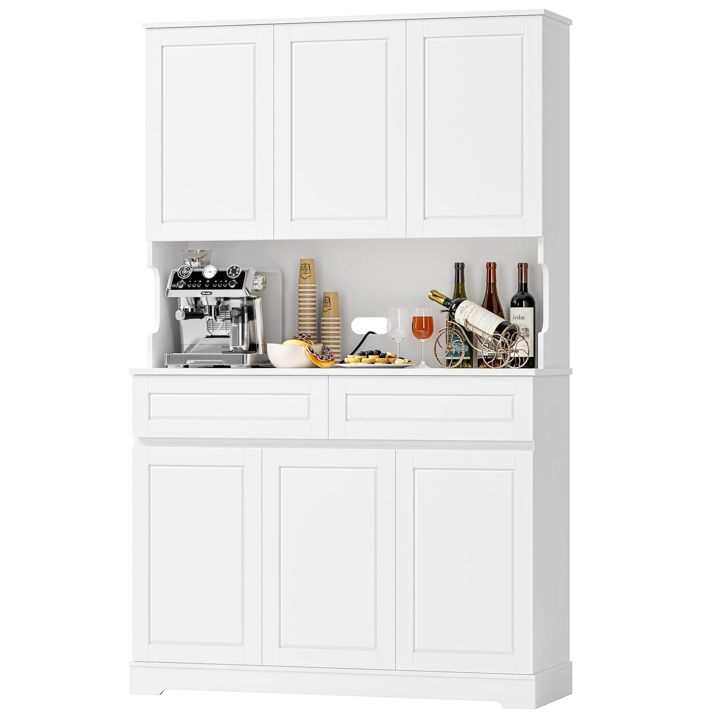 FACBOTALL 74" Pantry Cabinet, Tall Kitchen Pantry Cabinet with 6 Doors and 2 Drawers, Kitchen Hutch with Wide Countertop, Modern Kitchens Cupboard with Adjustable Shelves and Charge Holes, White
