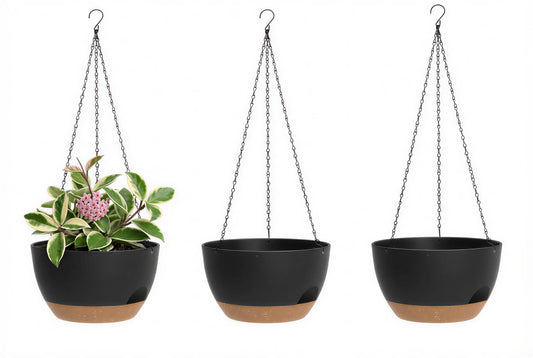 XQSHPDM Hanging Planters 3-Pack, 8 Inch Self-Watering Hanging Pots with Drainage Hole and Chains, Plastic Planters for Indoor Outdoor（Black Brown）