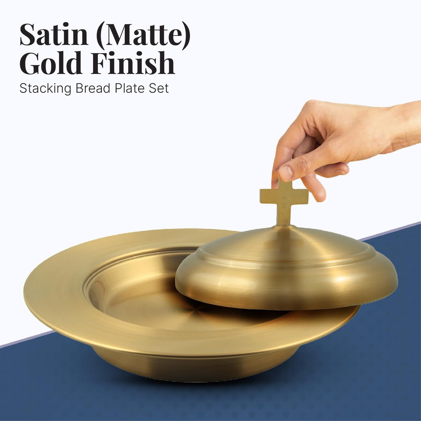 Mayur Exports Communion Ware 2 Holy Wine Serving Trays with A Lid & 1 Stacking Bread Plate with A Lid - Stainless Steel (Brass/Gold)
