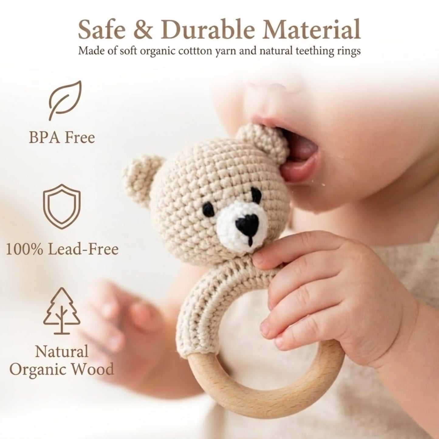 Organic Crochet Bear Baby Rattle Toy - Handmade Newborn Gift Set with Teether & Pacifier Holder - BPA-Free Organic Cotton New Baby Gift - Infant Sensory Toy for Girls Boys 0-12 Months
