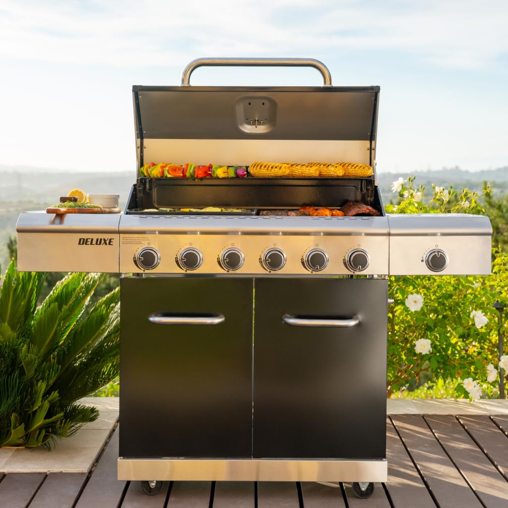 Nexgrill Deluxe 6-Burner Dual Fuel Propane Gas Grill with Searing Side Burner and Griddle Insert, Stainless Steel Frame, 60,000 BTUs Output, BBQ Grill for Outdoor Gatherings - 720-0896GH