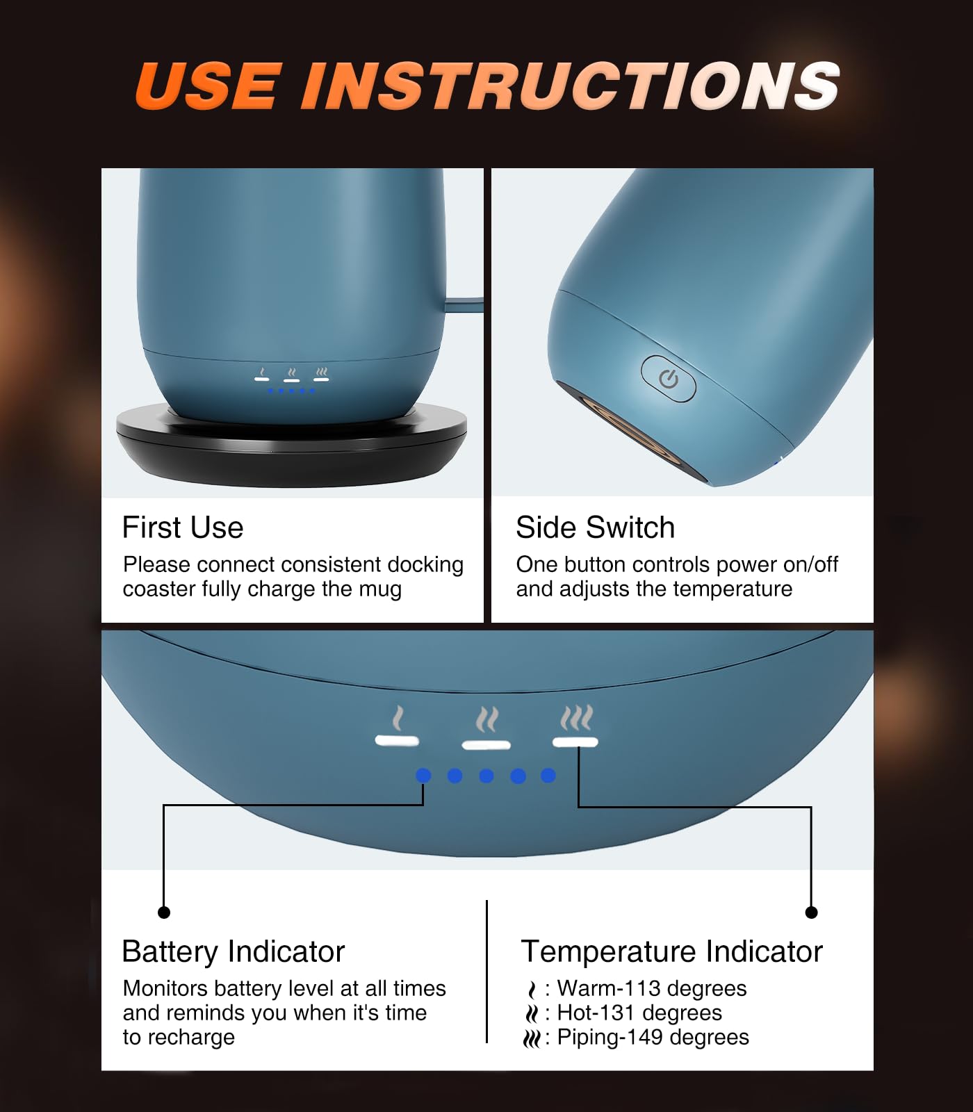 Kepwam Self Heating Coffee Mug T2, 16oz Smart Heated Coffee Mug, 150 Min Battery Life - Hot up to 149℉ Temperature Control Coffee Mug Warmer, Gifts for Dad Mom (No APP)