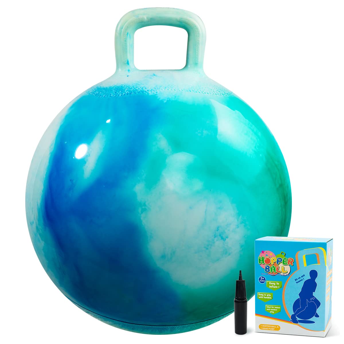 U&C Planet Hopper Ball, 18 inches Bouncy Ball with Handle for Kids Age 3-6, Hoppity Hop Sit and Bounce Jumping Hopping with Pump & Gift Box, Great Gift for Birthday Christmas, Green Clouds