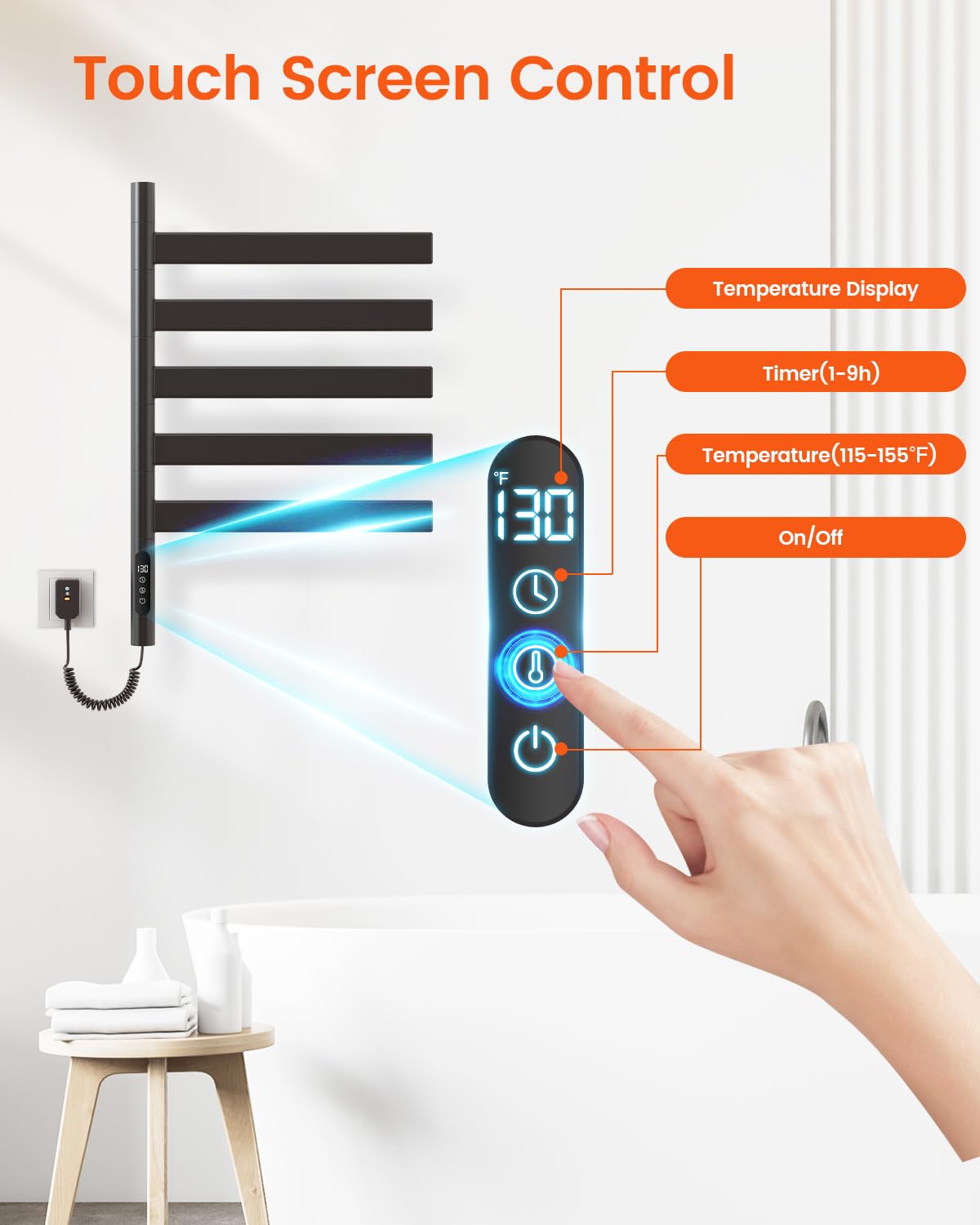 Heated Towel Racks for Bathroom, Wall Mounted Towel Warmer Swivel with Timer & Temp Control, Digital Touch Panel, 110V IPX5 Hardwired & Plug-in