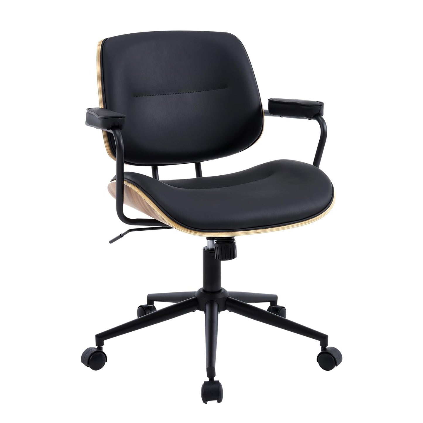 BV Mid Century Modern Office Chair Set of 1, Swivel Rolling Deak Chair with Armrests and Walnut Back, Adjustable Desk Chair for Home Office, Black