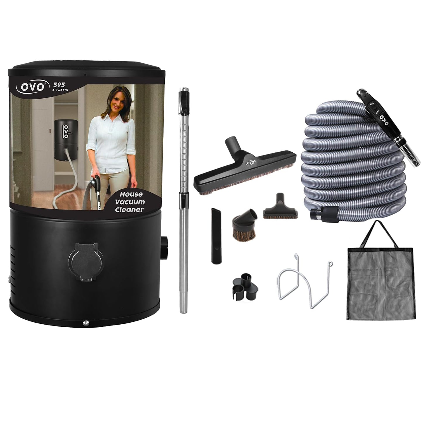 OVO Wall Mounted House Vacuum Cleaner, fits in Closet and Tight Spaces, 595 Airwatts, Use with Disposable Filtration Bags, 18L / 4.75 gal, Certified for North America with 40 ft Deluxe Accessory kit