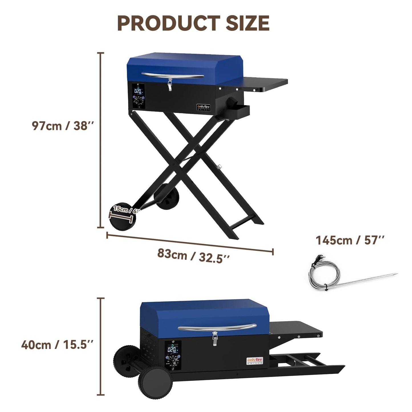 ONLYFIRE GRILLS BBQ Wood Pellet Grill Smoker with Foldable Cart, Meat Probe, 2 Tiers Cooking Area, Portable Smoking Grilling Stove for Outdoor Patio Cooking, RV Camping Tailgating, Blue GS342