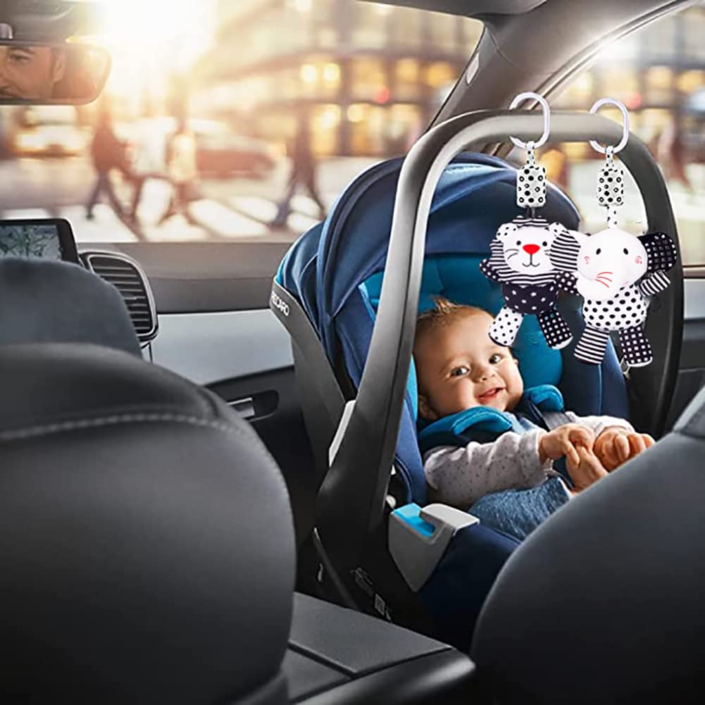 2Pcs Hanging Rattle Toys for Babies, Hanging Baby Toy, Car Seats Stroller Toys with Wind Chime for Newborn 0-36 Months, Clip Hanging Plush Squeeze Toys, Best Birthday Gift for Newborn