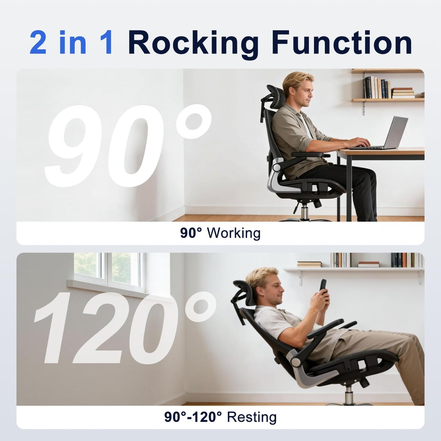 marrap Ergonomic Office Chair, Mesh Seat Cushion with 3D Armrests and 3D Headrest, Adjustable Lumbar Support with 90-120° Rocking Function, SGS Class 4 Gas Clylinder, Black