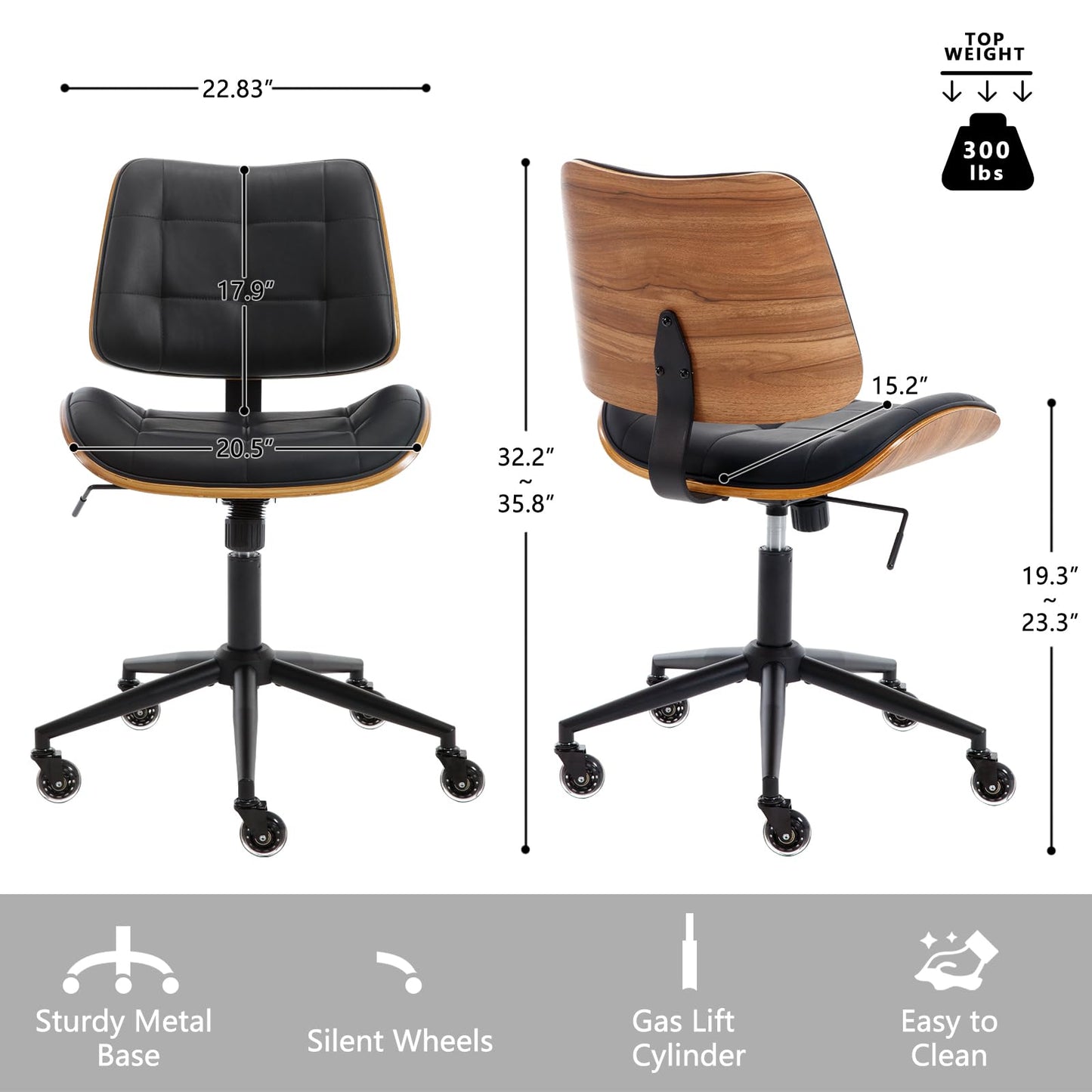 BERYTH Home Office Desk Chair with Wheels, Adjustable Height Armless Office Chair, PU Leather Mid Back 360° Small Computer Chair, Modern Walnut Chair No Arms for Office, Reading Meeting Room(Black)