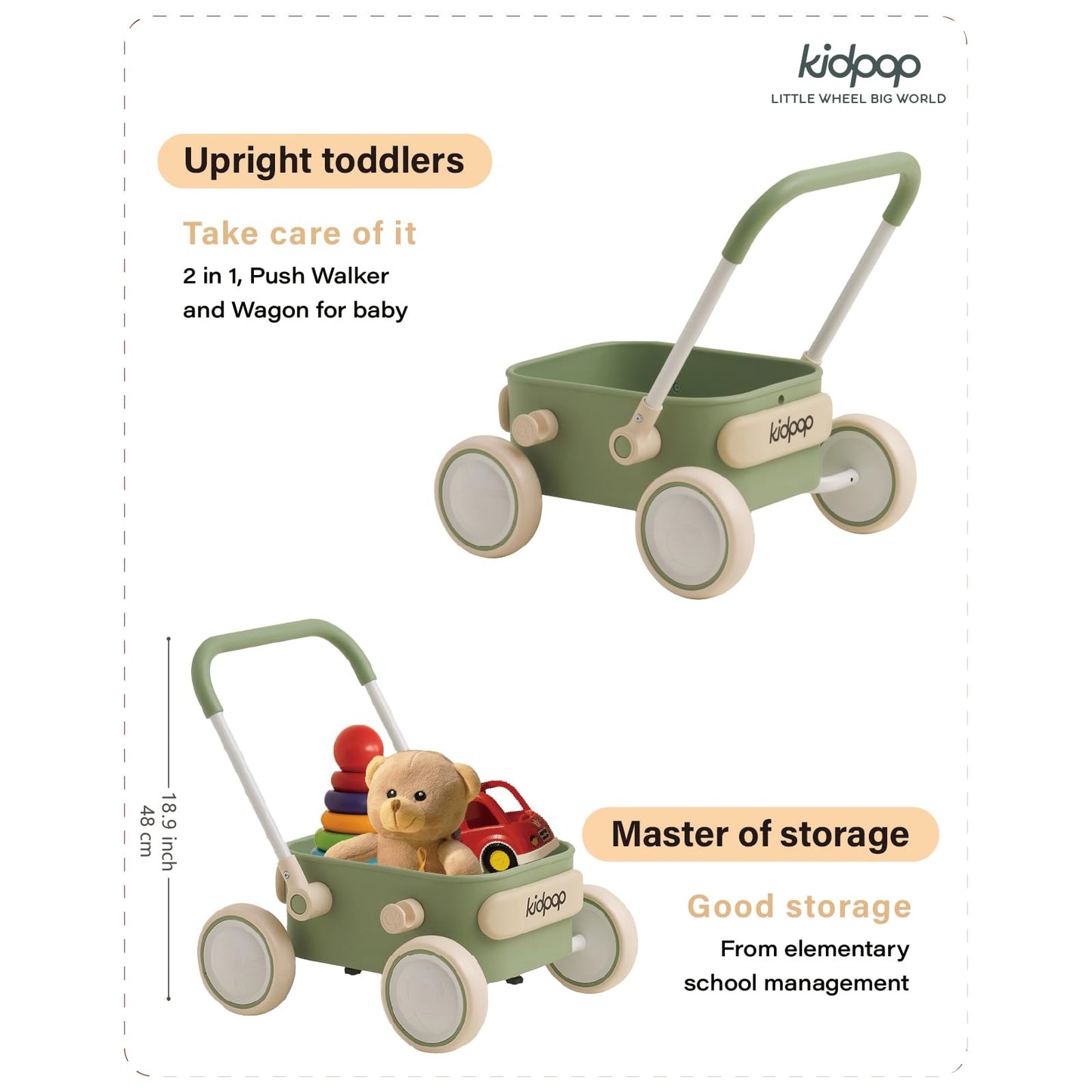 PULA Baby Push Walker with Wheels Toddler Wagon for First Learner Baby Toys 6-12 Months, 1 Year Old Birthday Gifts, Indoors and Outdoors (Green)