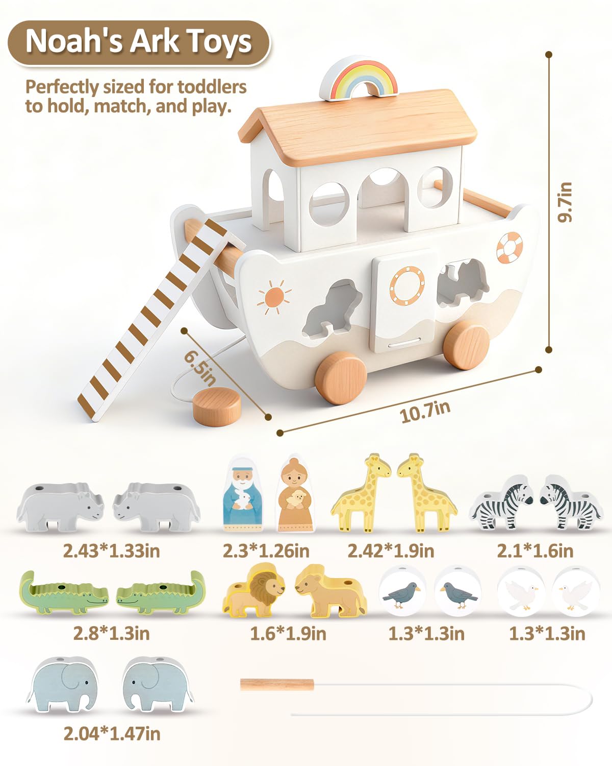 WoodsyJoy Wooden Noah’s Ark Toy for Toddlers 1-3, Baptism Christening Gifts for Boys Girls, Christian Toy Animal Shape Sorter, Baby Birthday