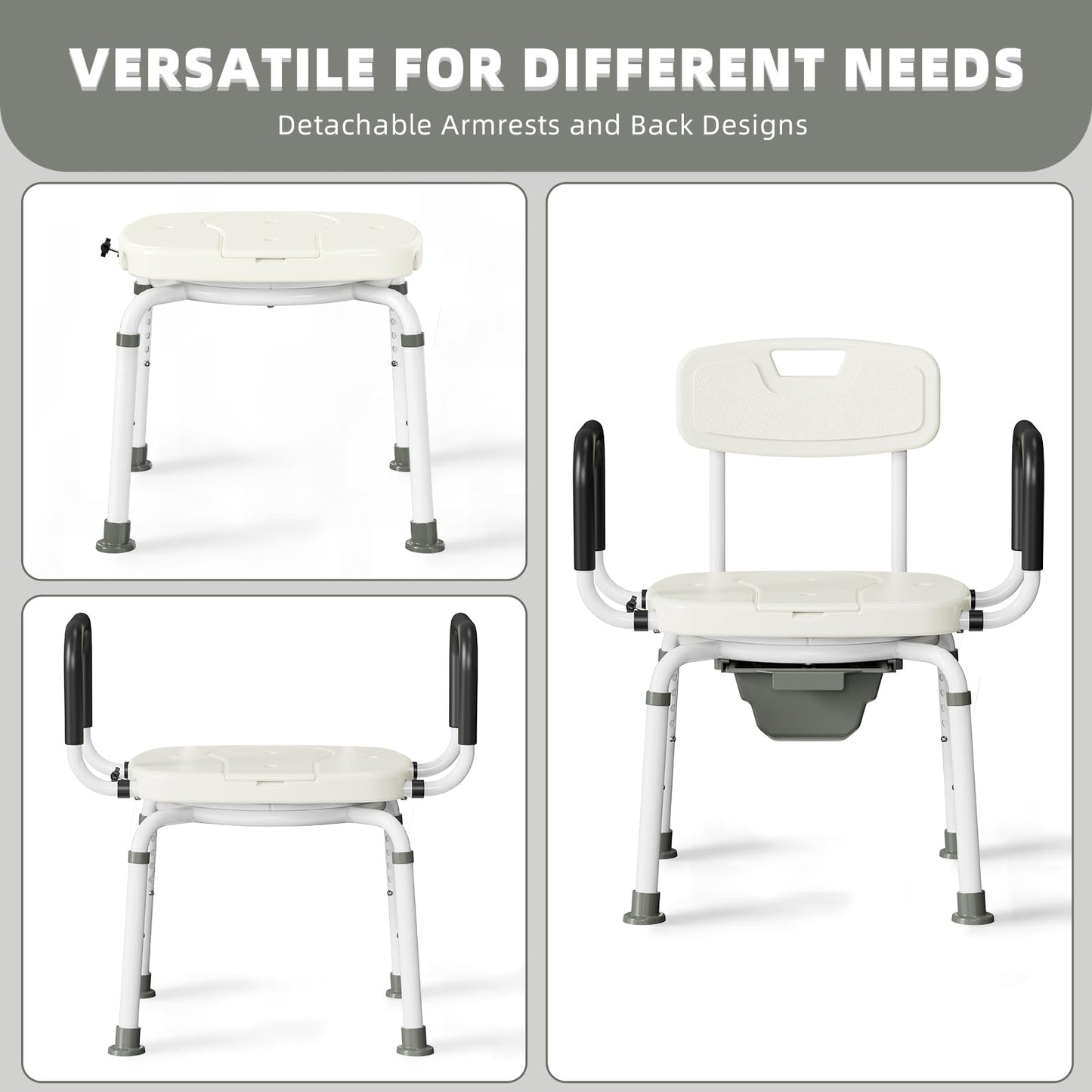 4 in 1 Bedside Commode for Seniors,Portable Toilet for Adults with Arms & Removable Bucket,Height Adjustable Commode Chair for Toilet，Swivel Shower Chair for Inside Shower for Handicapped, Adults
