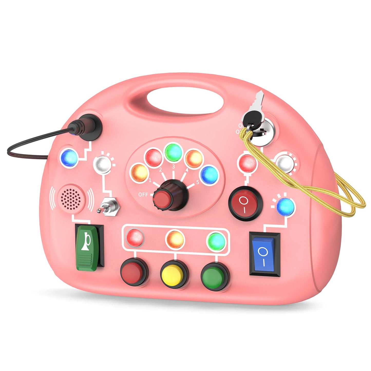 JIWORT Montessori Busy Board with LED Light for Toddlers 2-4 Year Old, Sensory Toys with Sounds & Switches, Car Driving Travel Toys for Kids, Preschool Busy Book Boy and Girls Birthday Gifts (Pink)