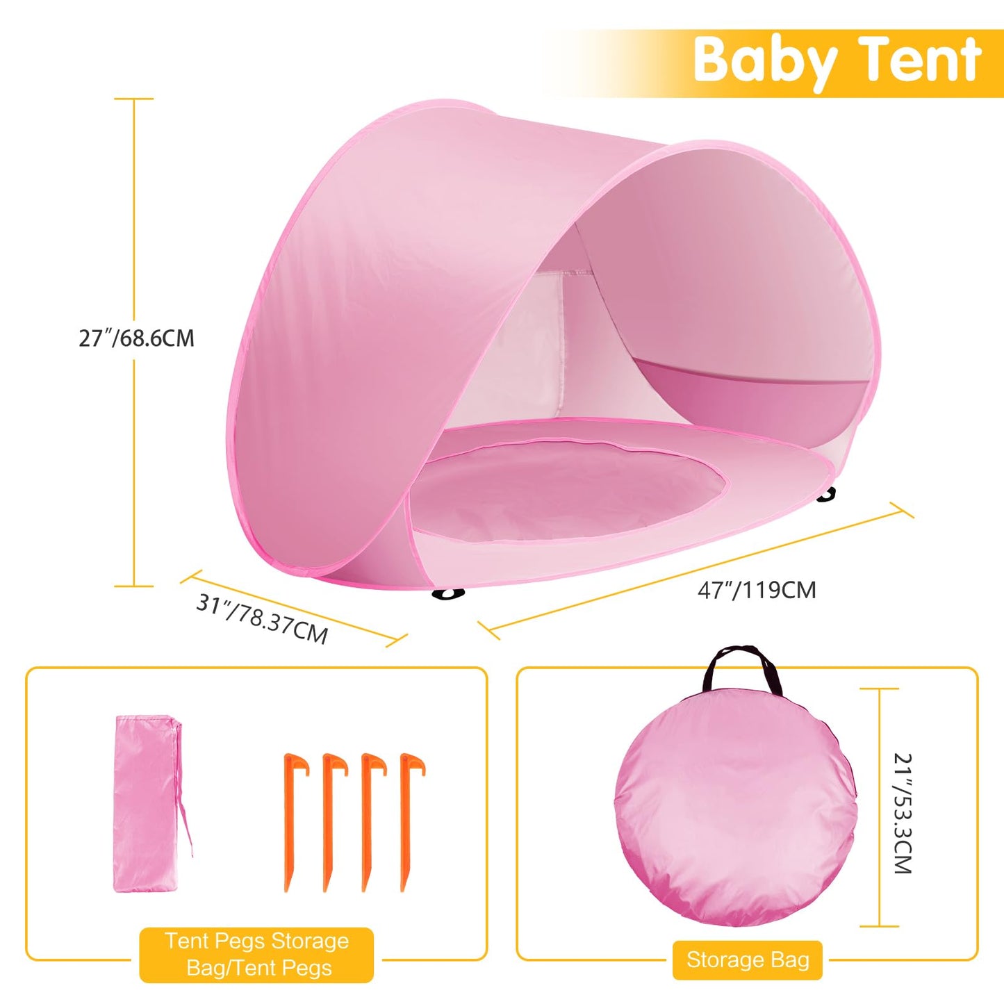 Baby Beach Tent with Pool, Pop Up Sun Shelter UPF 50+ UV Protection for Infant Toddlers, Portable Shade Tent with Carry Bag for Beach Outdoor Travel