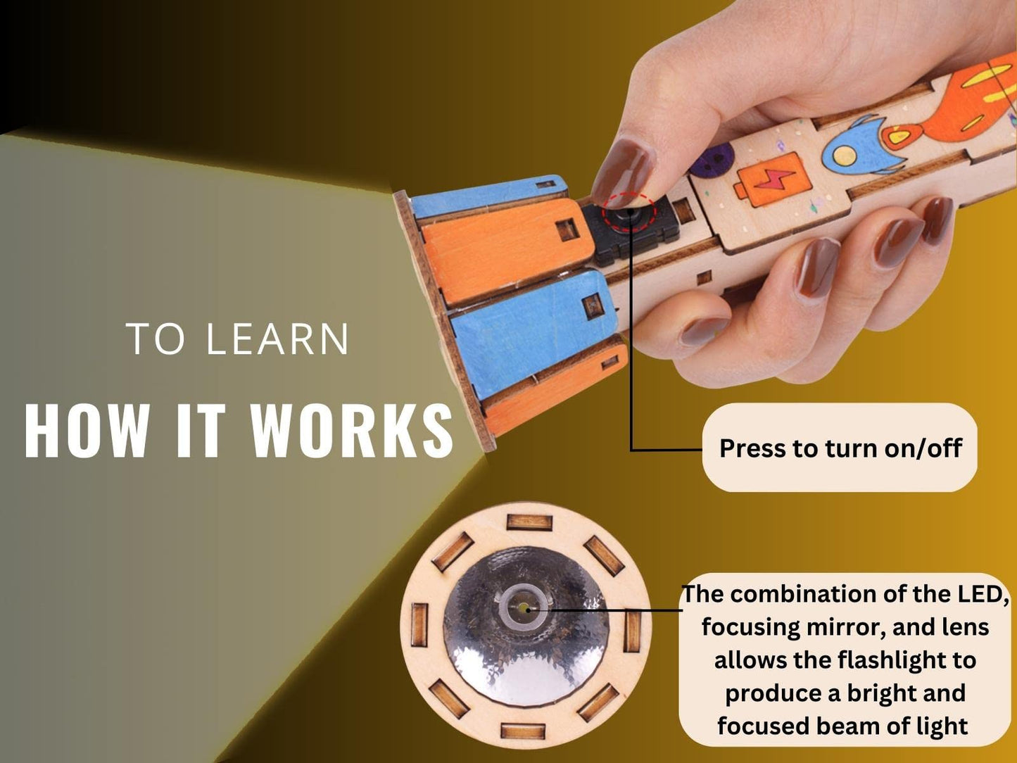 Pica Toys DIY Wooden Flashlight STEM Kit for Kids Aged 6-10 | Battery-Operated Educational Science Experiment Kit with Built-in Switch