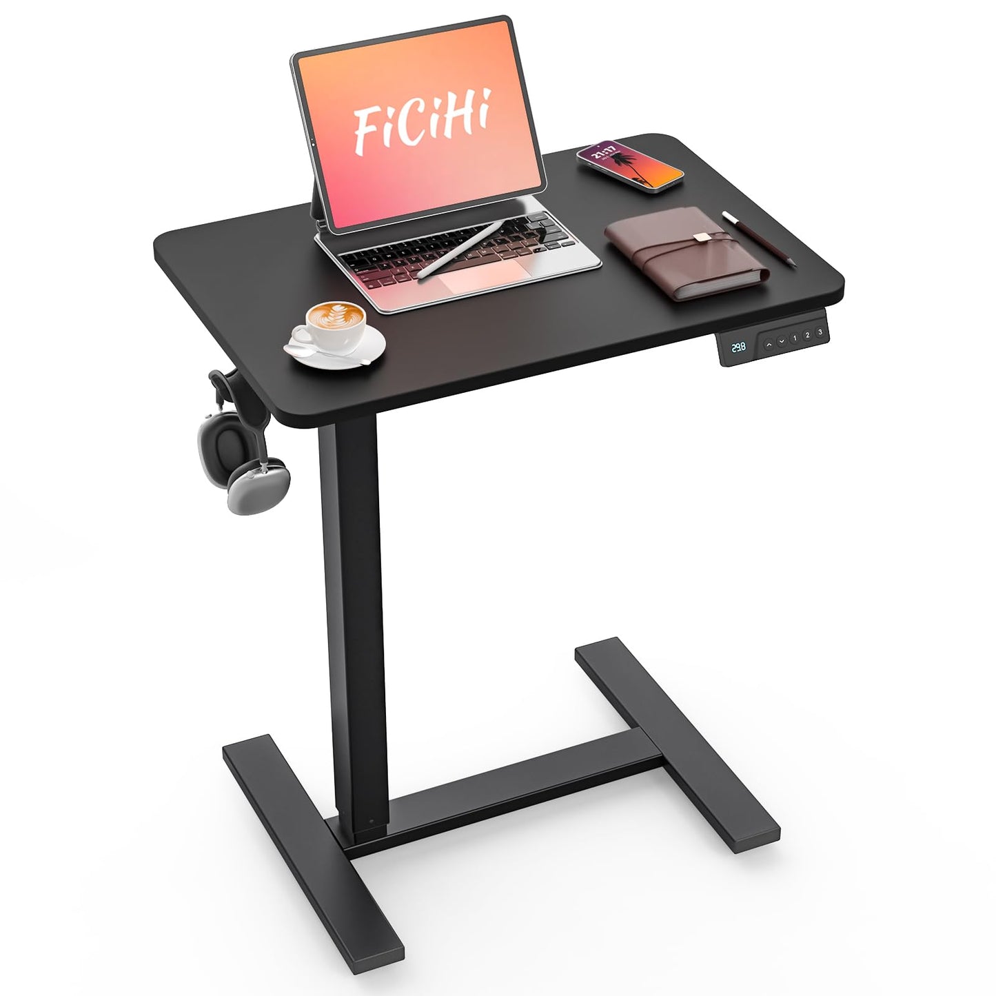 FiCiHi Small Electric Standing Desk - Adjustable Height Bedside Laptop Table with Wheels, Mobile, Rolling Computer Sit Stand Desks, Movable, Home Office, Sofa, Couch Use (24x16,Black)