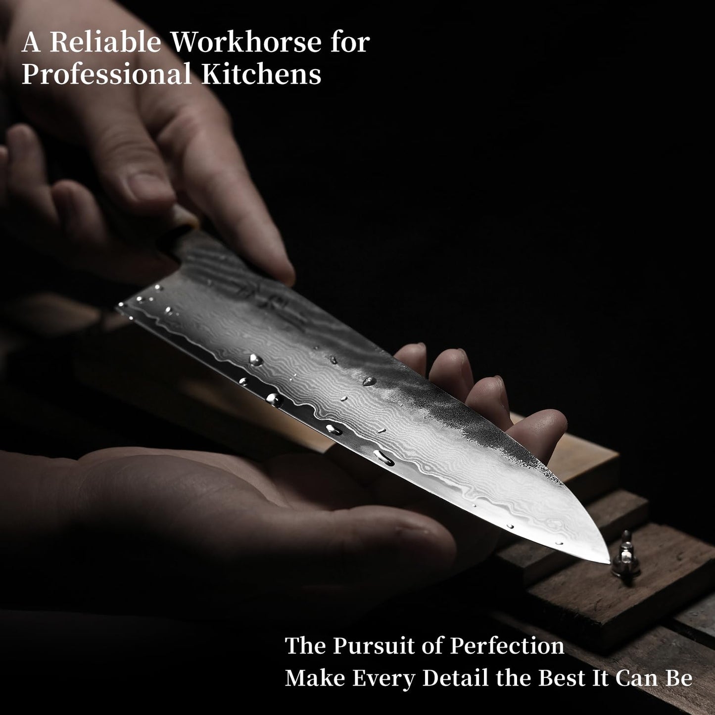 Japanese SLD Steel Chef Knife 210mm – 67 Layer Damascus Chef Knife, HRC 64–66 Ultra Hard Core, Hand Forged Professional Chefs Knife with Distal Taper, Ebony Wood & Horn Handle, Wooden Gift Box