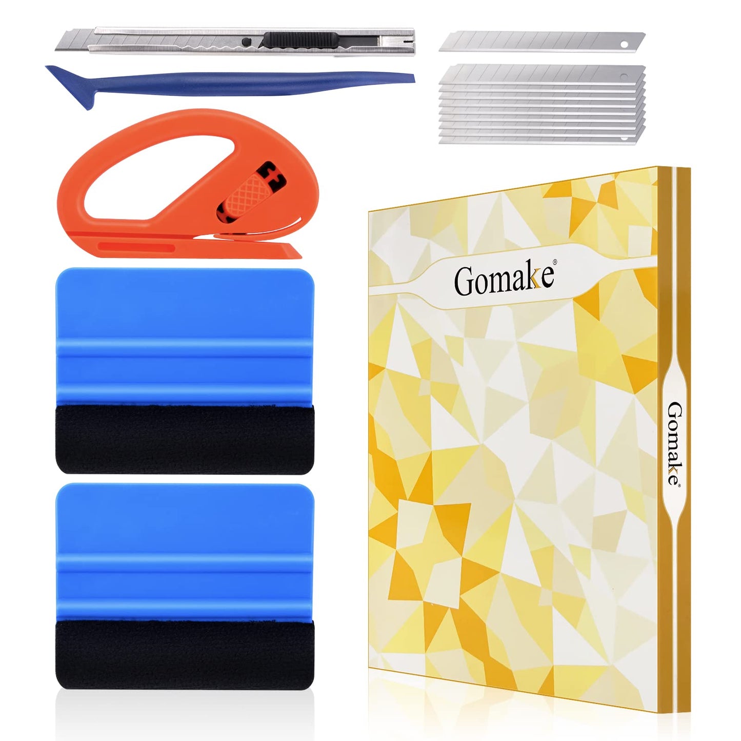 Gomake Vehicle Vinyl Wrap Tool Kit Window Tinting Tool Include 4 Inch Felt Squeegee, Retractable 9mm Utility Knife and Blades, Zippy Vinyl Cutter and Mini Go Corner Squeegee for Car Wrapping