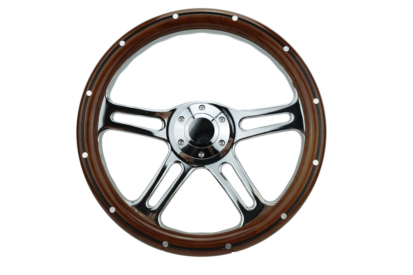 350mm 14" Inch Classic Nostalgia Style Wood Grain Steering Wheel Slotted 4 Spoke Chrome Steering Wheel Mohagany Wood Grip