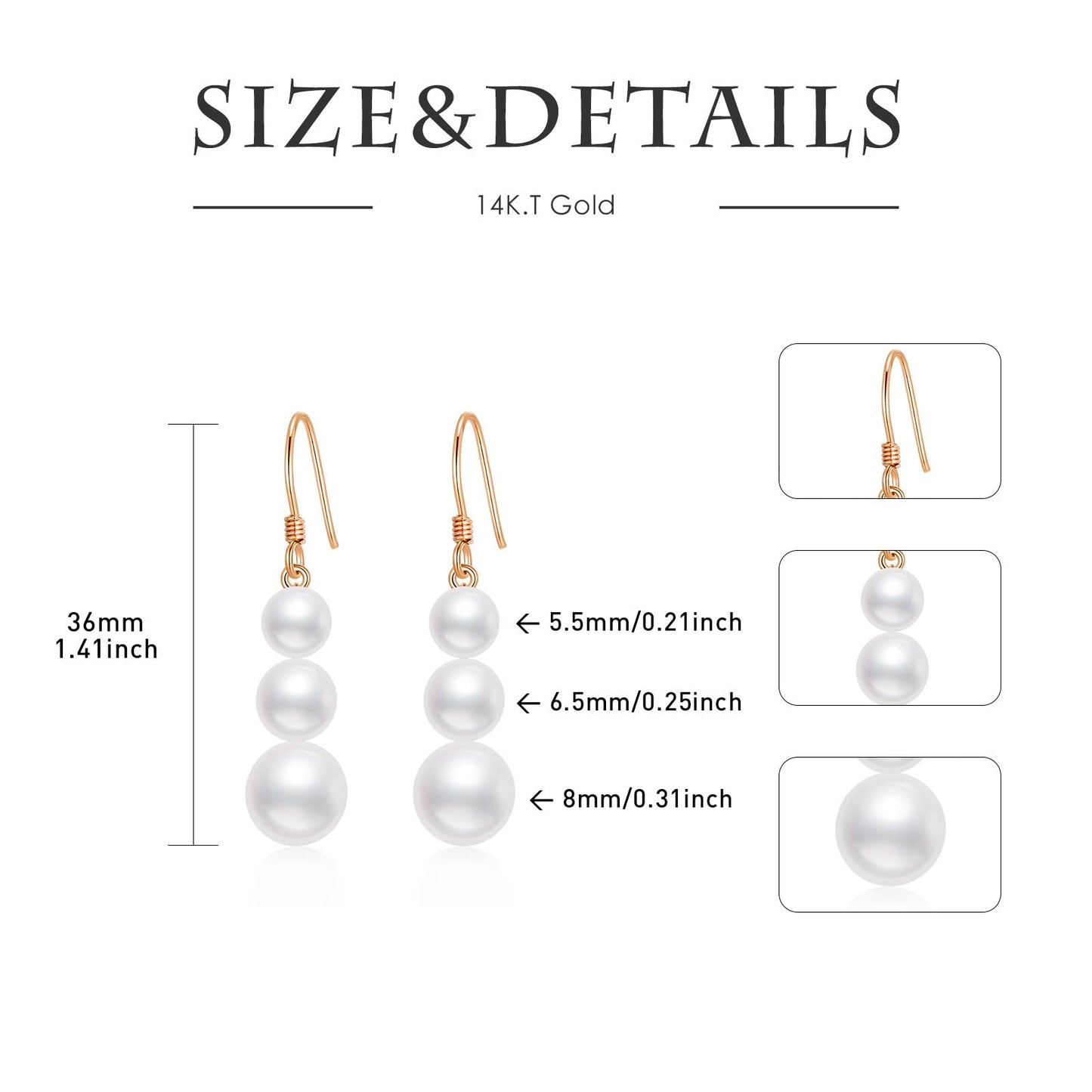 14k Rose Gold Freshwater Cultured Pearl Necklace and Dangle Earrings Set for Women