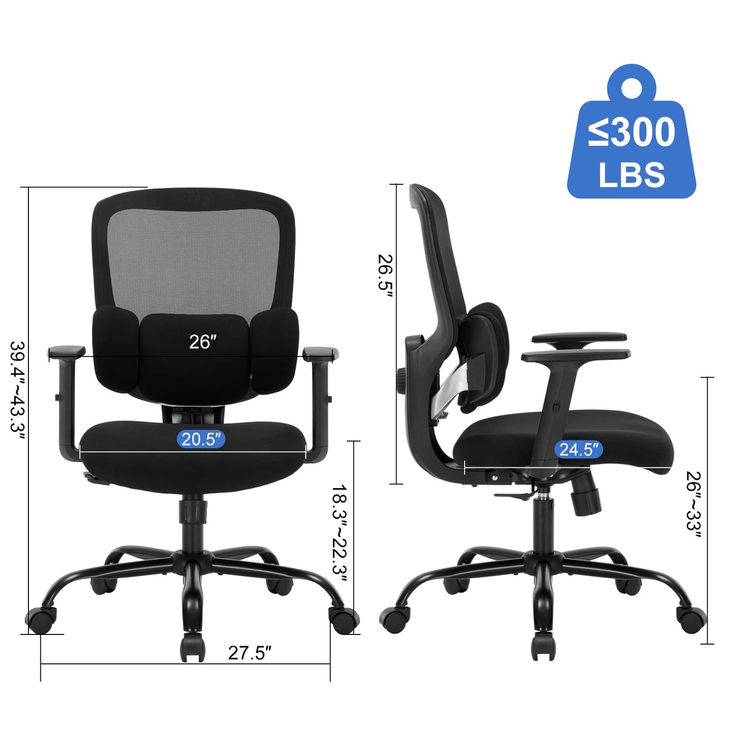 Ergonomic Office Chair, Ergonomic Desk Chair with Adjustable Height, Lumbar Support, High Back Mesh Support with Adjustable Armrests, Task Chairs for Home Office Computer-350LBS