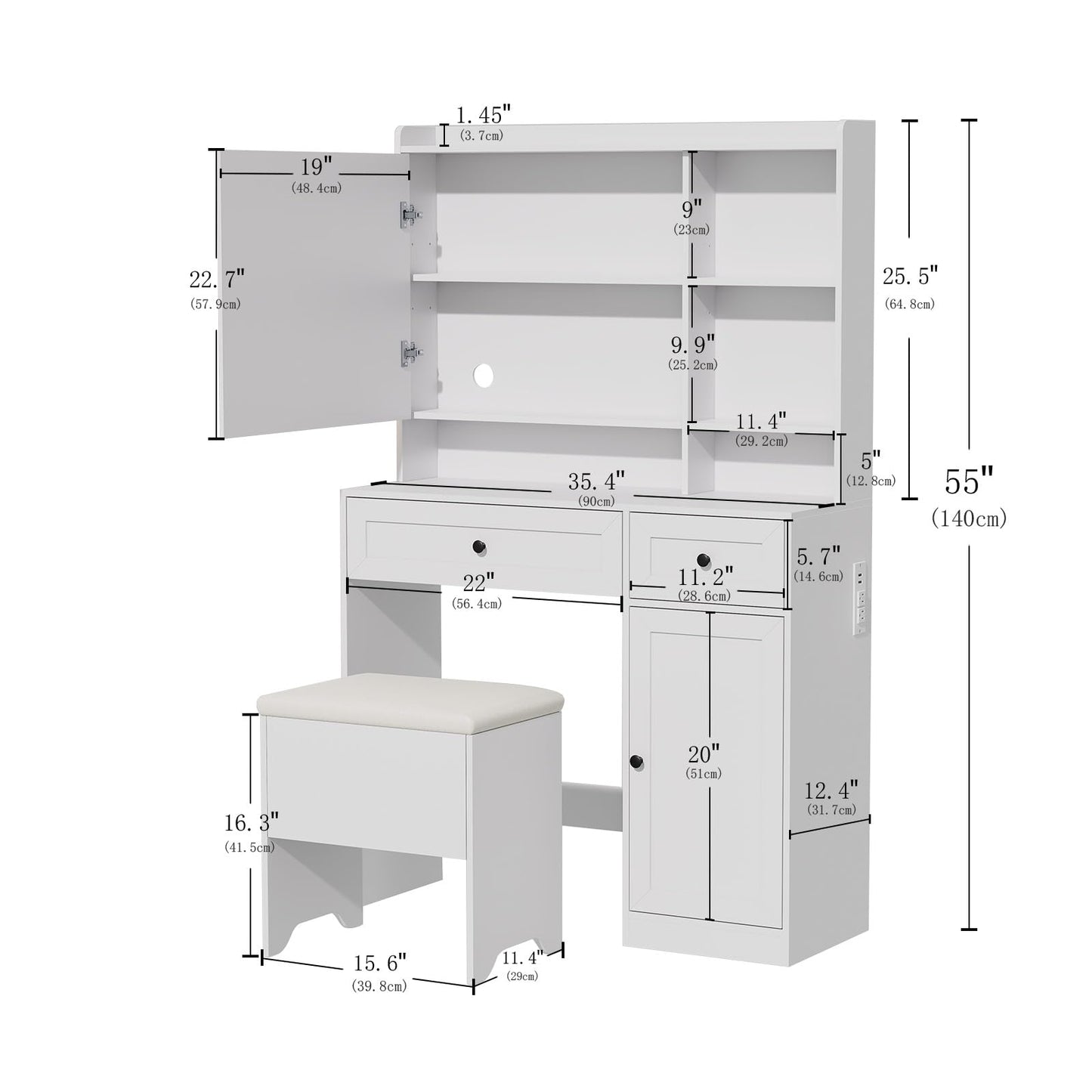 Hogxp Vanity Table with Hidden Storage & LED Mirror - Includes Padded Stool, 5 Compartments, 2 Drawers & 1 Storage Cabinet - Ideal Bedroom Makeup Dressing Table White