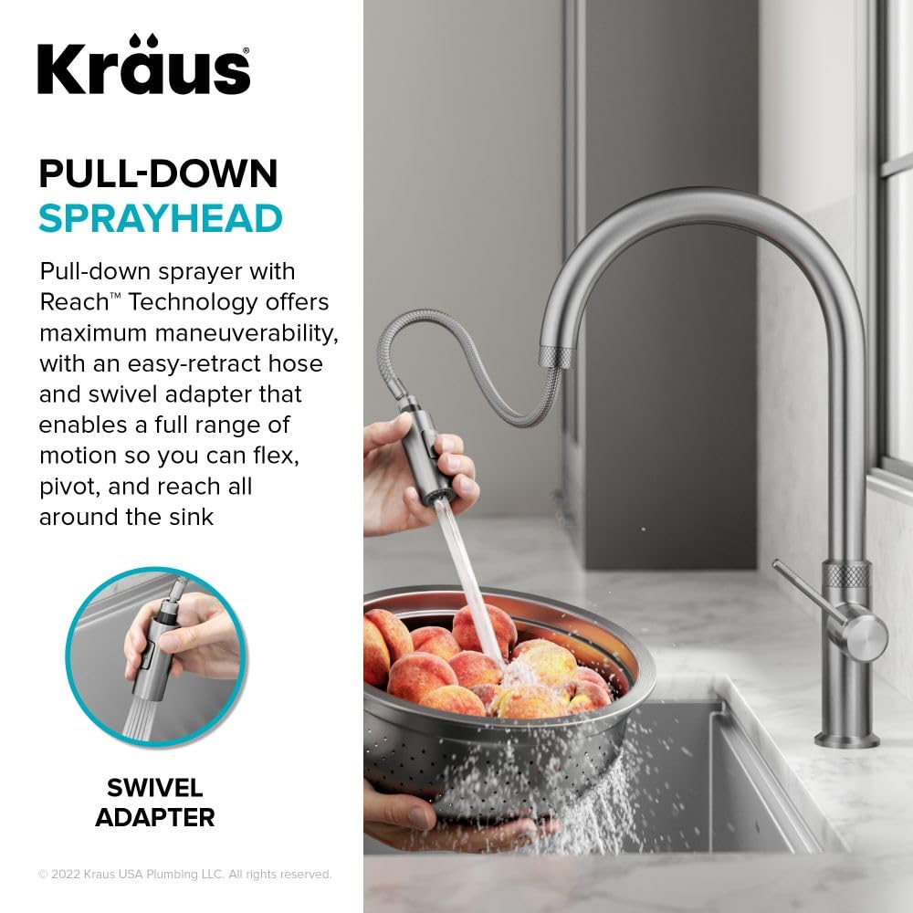 KRAUS Oletto Modern Industrial Pull-Down Single Handle Kitchen Faucet in Brushed Gold, KPF-2654BG