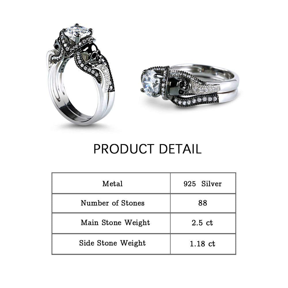 Jeulia 3.68 Carat Twist Skull Rings for Women Sterling Silver Two Tone Twist Band Rings White Diamond Bridal Ring Set Black Plated Engagement Promise Rings with Jewelry Gift Box (8)