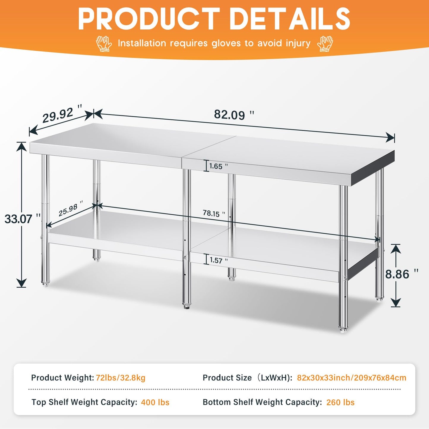 Jocisland 30" x 82" Stainless Steel Table for Prep & Work, NSF Certified Adjustable Under Shelf and Feet, for Commercial Kitchen, Restaurant, Hotel and Garage