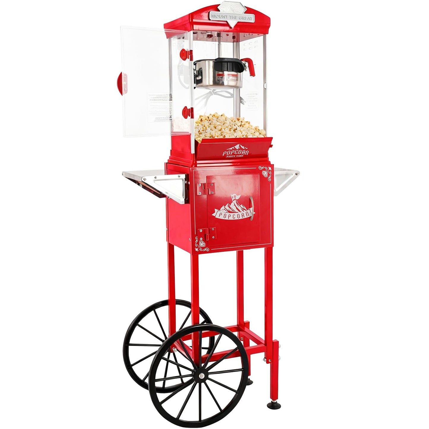 Nyddle Popcorn Machine with Cart, Wheels & 10 Oz Kettle Popcorn Maker, Movie Theater Popcorn Maker Machine, Home Theater Popcorn Popper Measuring 3 Plastic Spoons