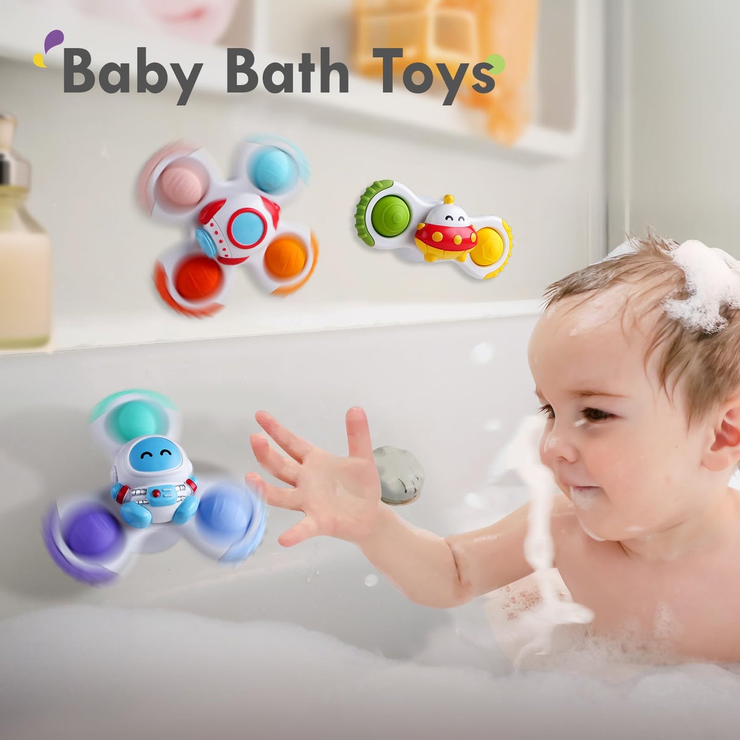 ALASOU 3 PCS Suction Cup Rotating Toys and 12 PCS Soft Rubber Car Toys with Playmat for Infant and Toddlers