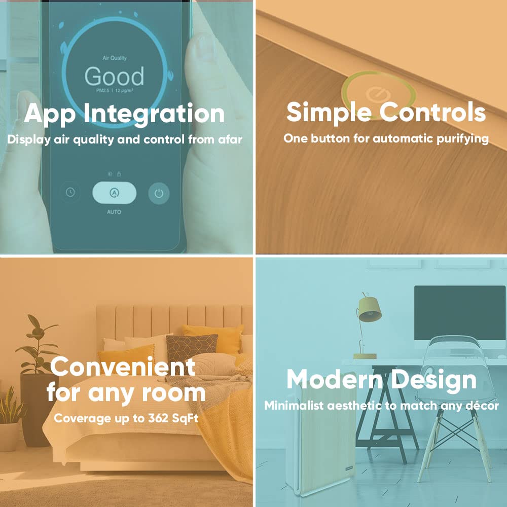 Aspen One Button Air Purifiers for Home, Cleans 1500 SqFt in 50min and 362 SqFt in 12min, HEPA Air Purifier with Automatic and App Control - Filtrate 99.97% of Smoke, Pollen, and more - Gold Oak