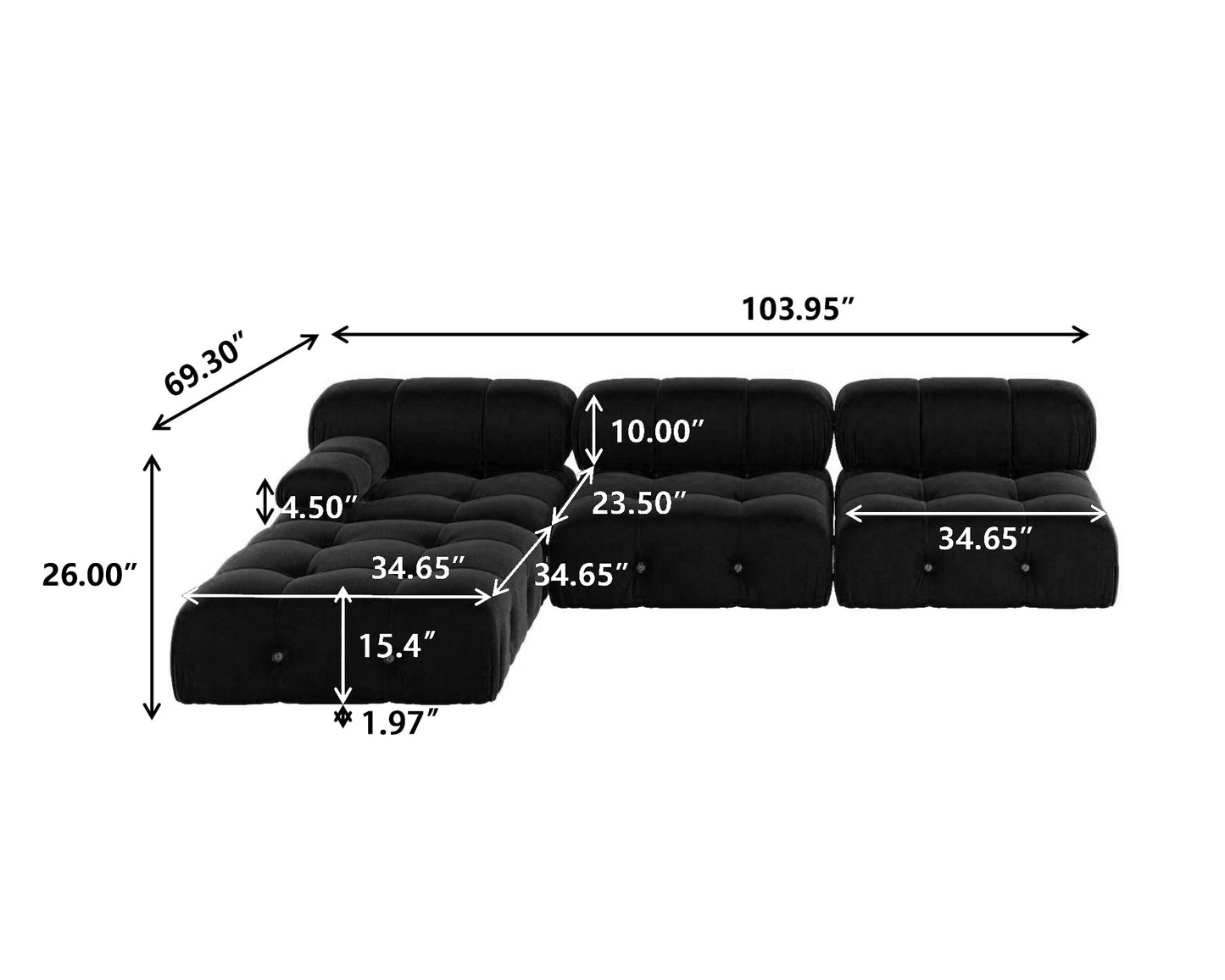 WJShome Modular Sectional Sofa with Ottoman,103.95 inch Convertible Sofa Couch with Reversible Chaise,Velvet L Shaped Minimalist Couch for Living Room, Modern Large Free Combination,Black