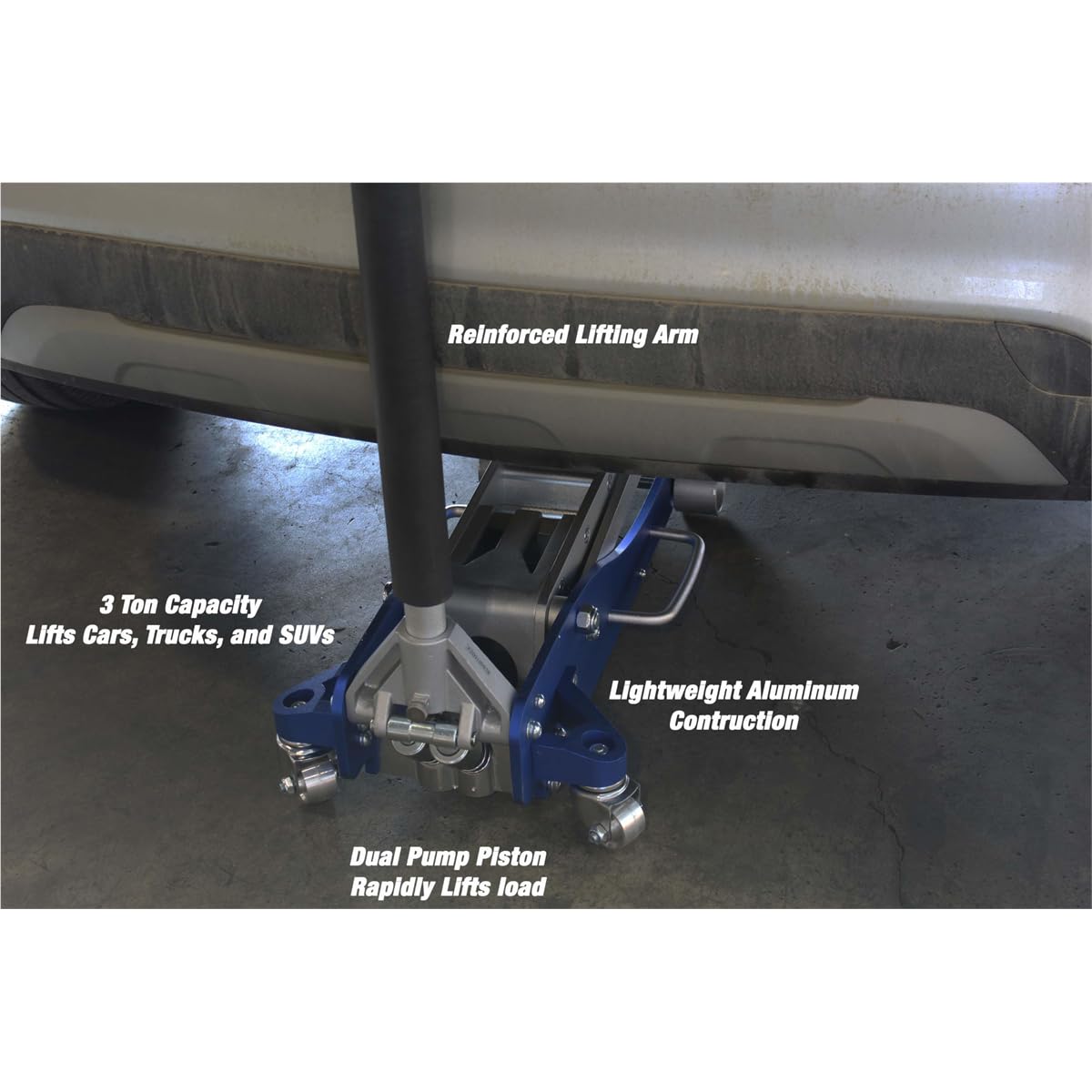 K Tool International 63099 3 Ton Automotive Aluminum Service Floor Jack for Garages, Repair Shops, and DIY, 6,000 lbs. Capacity, Hydraulic Lifting Range 3.75" - 19.25", Dual Pump, Blue/Silver