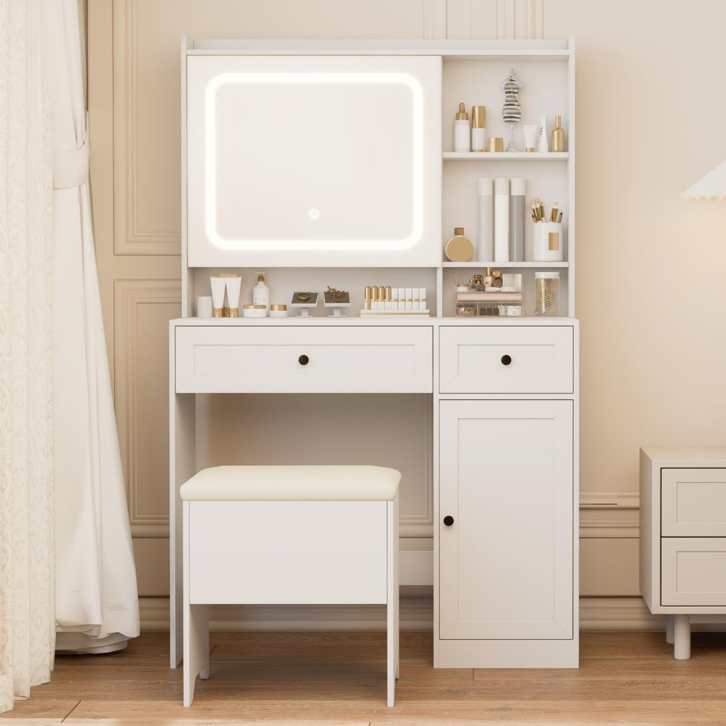 Hogxp Vanity Table with Hidden Storage & LED Mirror - Includes Padded Stool, 5 Compartments, 2 Drawers & 1 Storage Cabinet - Ideal Bedroom Makeup Dressing Table White