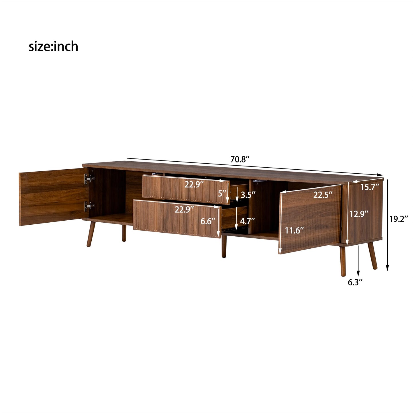 Merax 70 inch Fluted TV Stand with Storage Drawers and Cabinets for TVs up to 80", Modern Entertainment Center with Cable Management, Solid Wood Legs, Soft-Close Hinges, for Living Room, Walnut