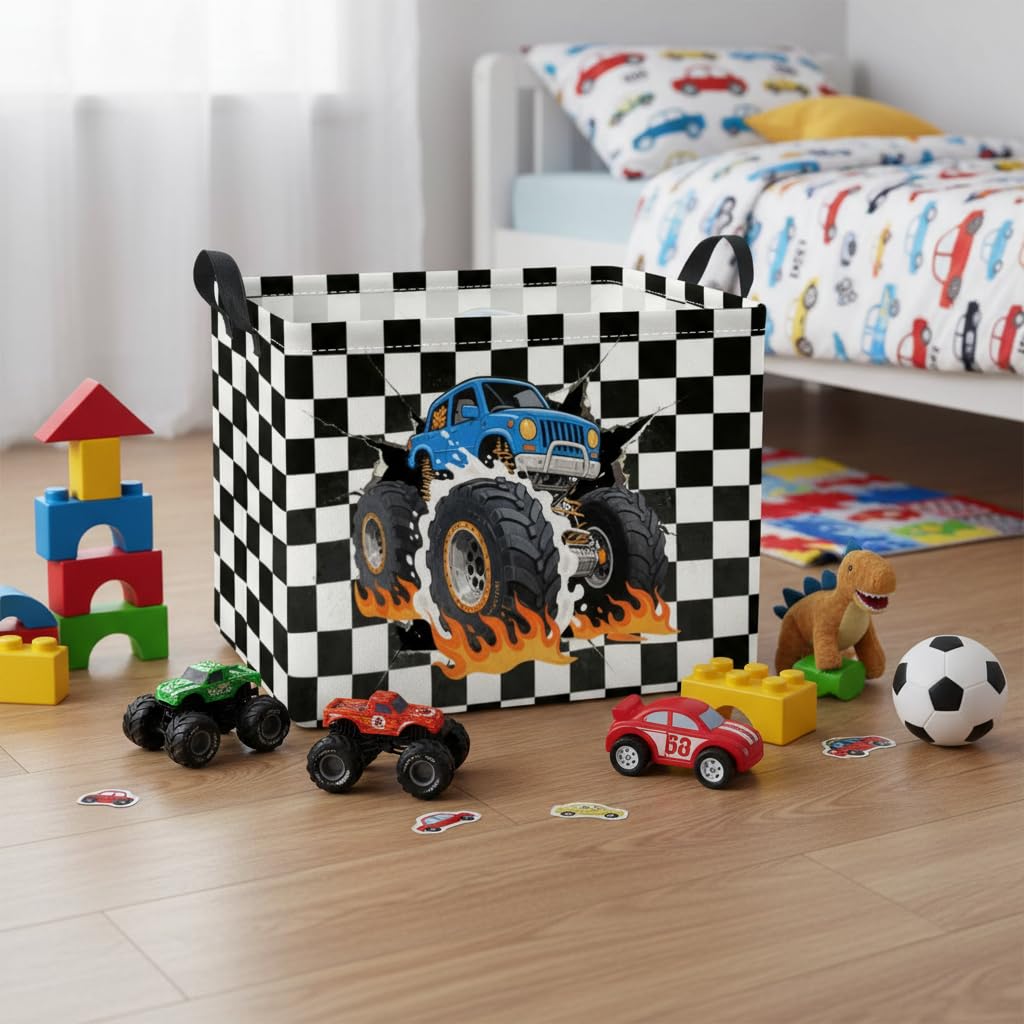 TIBAOLOVER Rectangular Baby Kids Storage Basket for Home Kitchen Girls Cute Toy Storage Bin Organizer Shelf Book Room Decor(Checkered Truck)