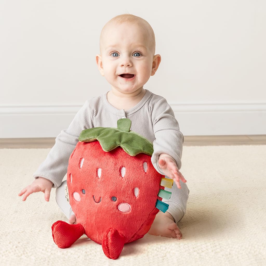 Itzy Ritzy Snuggles Plush Toy – Soft Stuffed Animal for Babies, Kids & Adults – Sensory Ribbons & Textured Fabrics for Tactile Play – Cozy & Cuddly Companion for Newborns & Up (Strawberry)