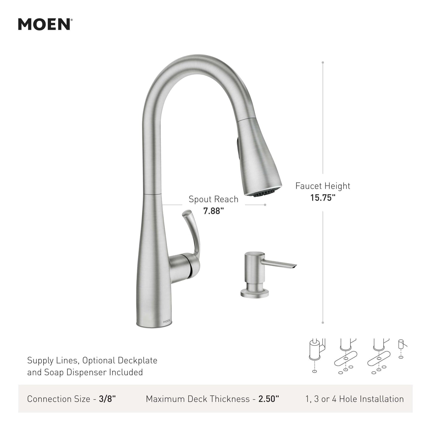 Moen Essie Matte Black Single Handle Pull-Down Sprayer Kitchen Faucet with Soap Dispenser, Reflex and Power Clean Technology, 87014BL