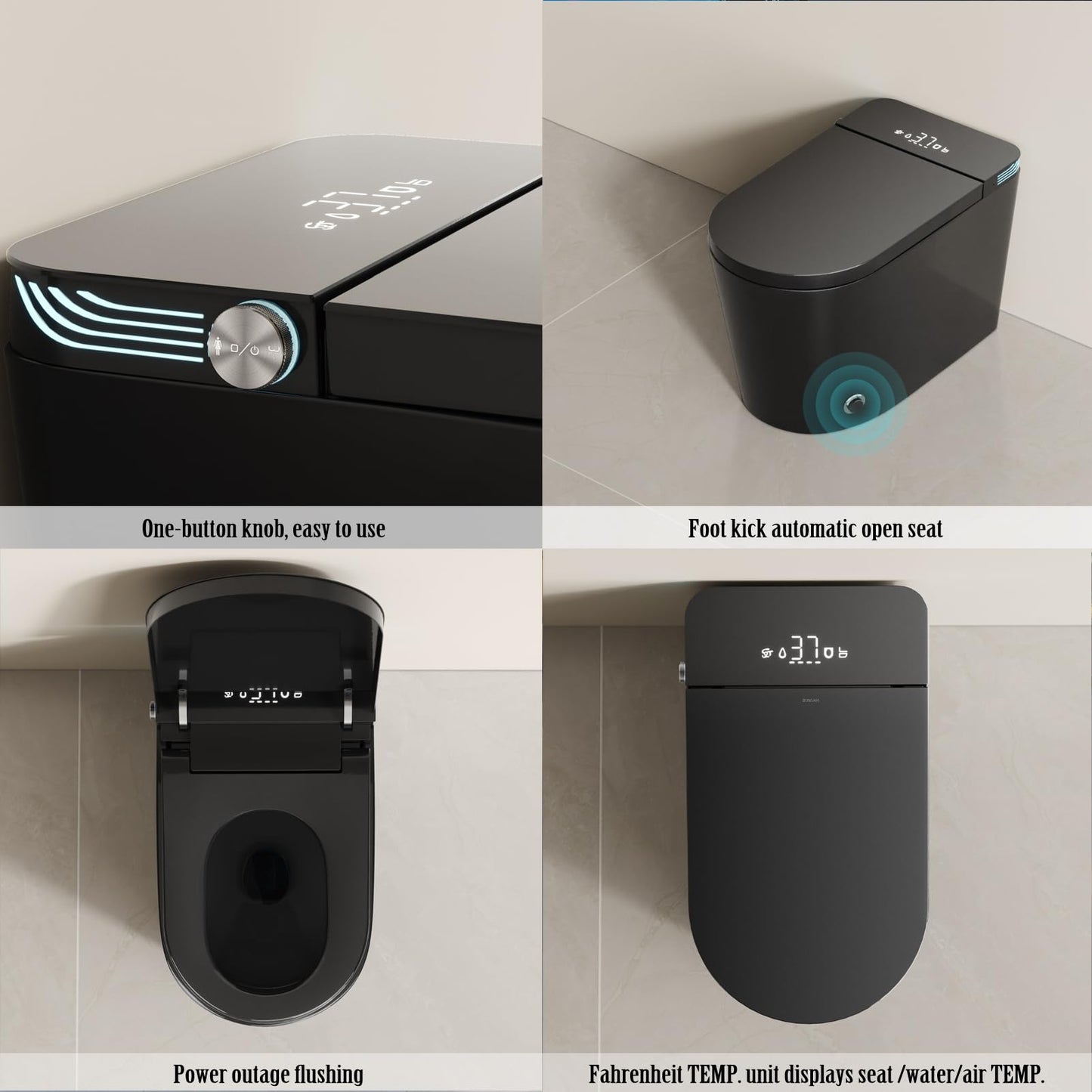 Black Smart Toilet with Auto Open/Close Lid, Modern Intelligent Tankless One Piece Toilet with Bidet Built In, Warm Water, Warm Air Drying, Self-Cleaning Heated Seat Toilet with Remote Control.