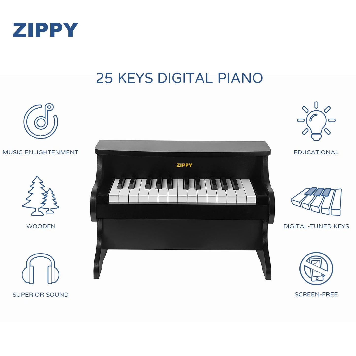 ZIPPY Kids Piano Keyboard, 25 Keys Digital Piano for Kids, Mini Music Educational Instrument Toy, Wood Toy for Toddlers Girls Boys (Black)