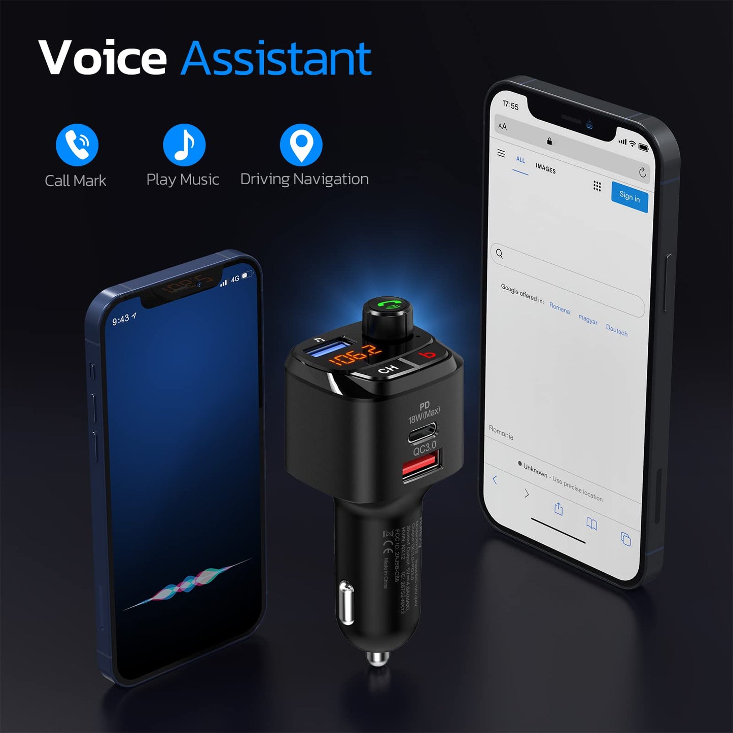 Nulaxy Bluetooth 5.0 FM Transmitter for Car, QC3.0 & USB-C PD 18W Wireless Bluetooth Radio Adapter Music Player Car Kit with Bass Booster, Hands-Free Calls-NX12