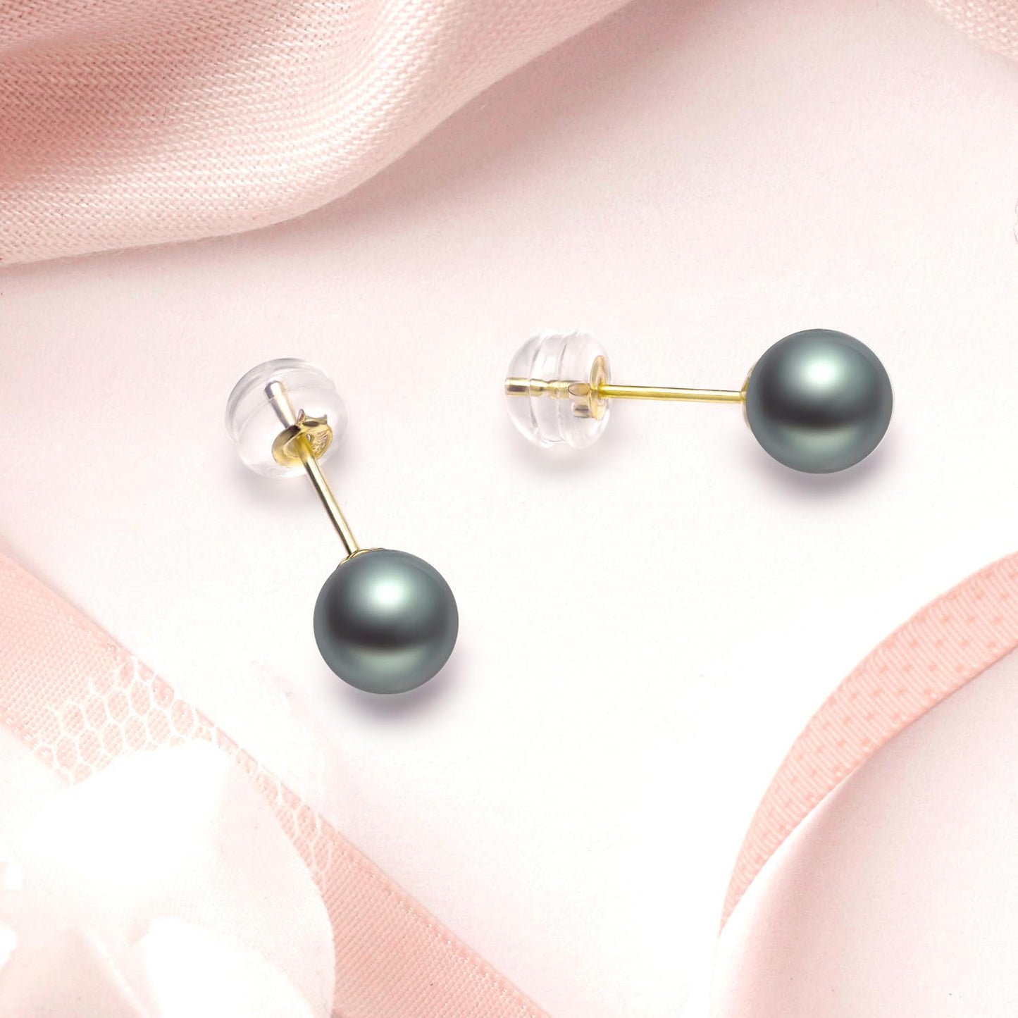 14k Gold Dyed Black Freshwater Cultured Pearl Necklace and Stud Earrings Set for Women