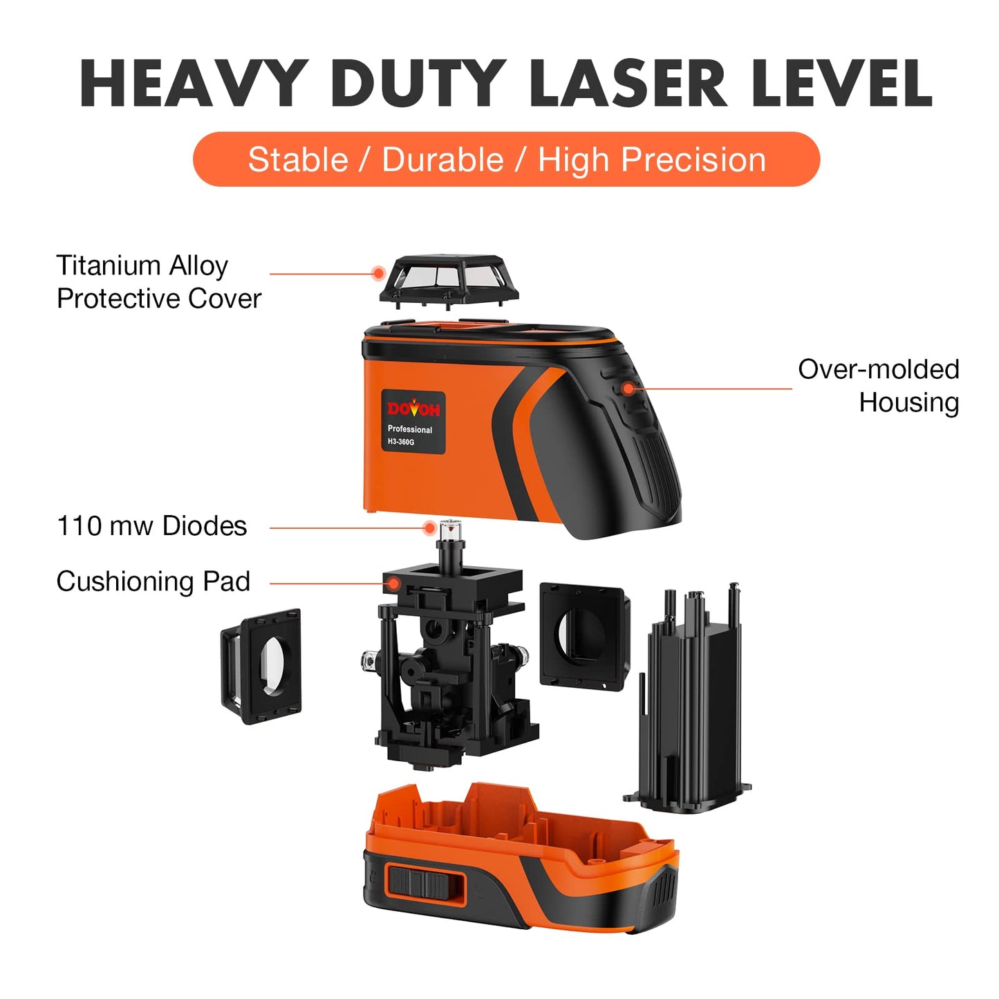 DOVOH High Visibility Laser Level Outdoor: Heavy Duty 3D Laser Level 360 Self Leveling Up To 197ft Long Range for Construction Tiling Framing 12 Line Green Beam, H3-360G